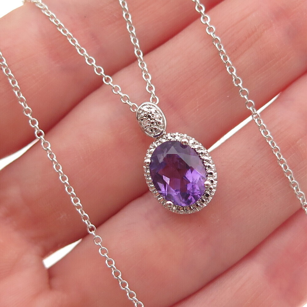 Sai 925 Sterling Silver Italy Real Diamond & Amethyst Cable Chain Necklace 18"